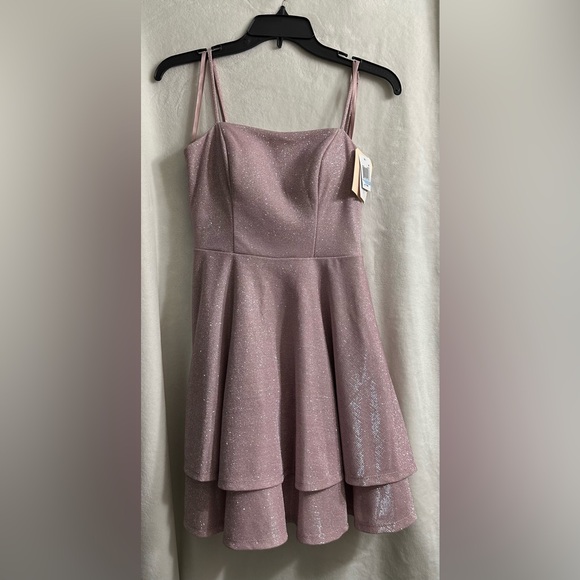 Pale pink glitter Juniors' Straight-Neck Sleeveless Fit & Flare Dress - Picture 1 of 3